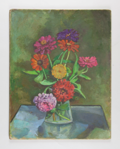 Image of Still Life (flowers in glass on blue table)