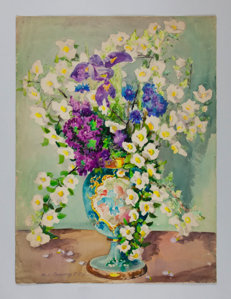 Image of Still Life (assorted bouquet in ornate blue, gold China vase)