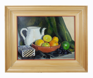 Image of Still Life with Ceramic Pitcher, Striped Box, and Fruit