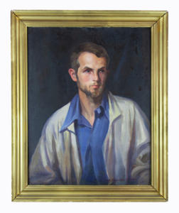 Image of Portrait of a young man in blue shirt and white jacket