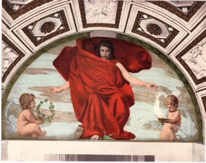 Image of Untitled; painting of Melpomene, figure dressed in red cloth with two angels on each side