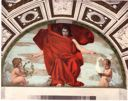 Image of Untitled; painting of Melpomene, figure dressed in red cloth with two angels on each side